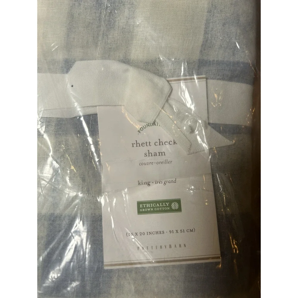 Pottery Barn Rhett‎ Check King Sham Blue White Buffalo Plaid Cotton New